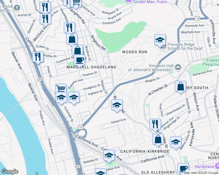 map of restaurants, bars, coffee shops, grocery stores, and more near 1112 Ingham Street in Pittsburgh