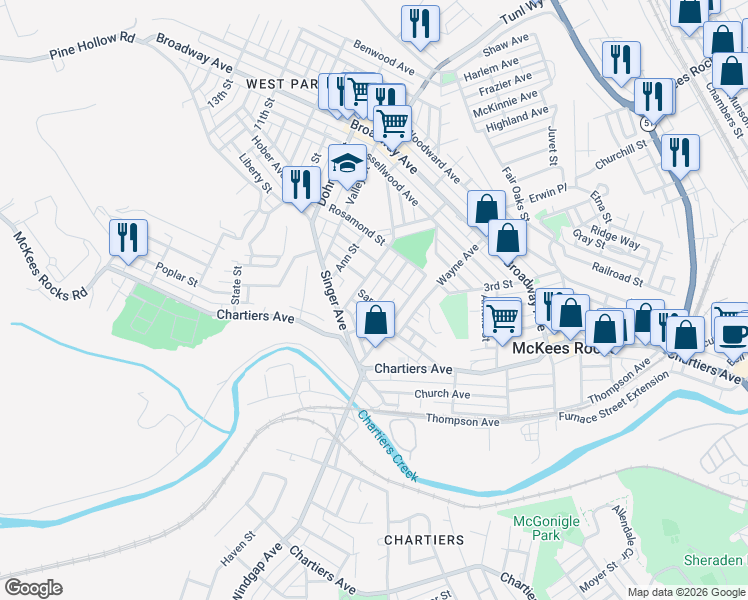 map of restaurants, bars, coffee shops, grocery stores, and more near 8 Jane Street in McKees Rocks