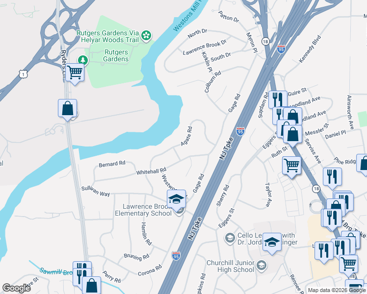 map of restaurants, bars, coffee shops, grocery stores, and more near 22 Agate Road in East Brunswick