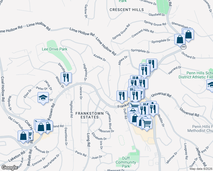 map of restaurants, bars, coffee shops, grocery stores, and more near 11401 Althea Drive in Pittsburgh