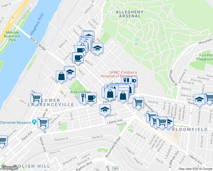 map of restaurants, bars, coffee shops, grocery stores, and more near 323 Main Street in Pittsburgh
