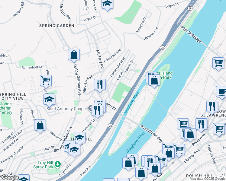 map of restaurants, bars, coffee shops, grocery stores, and more near 1955 Lowrie Street in Pittsburgh