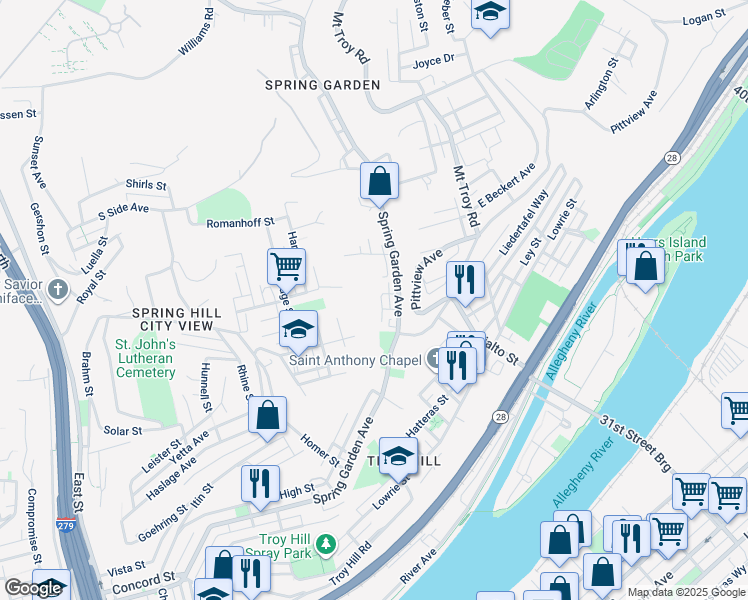 map of restaurants, bars, coffee shops, grocery stores, and more near 1700 High Street in Pittsburgh