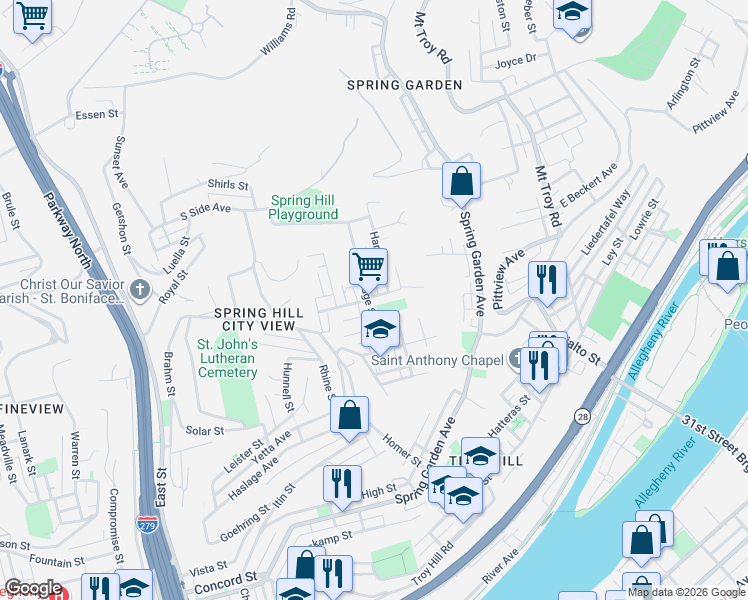 map of restaurants, bars, coffee shops, grocery stores, and more near 2018 Rockledge St in Pittsburgh
