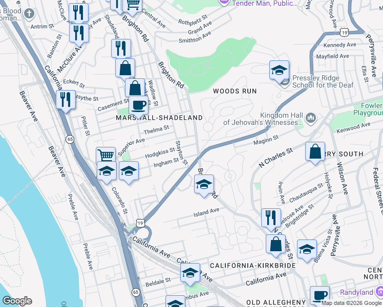 map of restaurants, bars, coffee shops, grocery stores, and more near 2501 Brighton Road in Pittsburgh