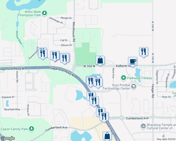 map of restaurants, bars, coffee shops, grocery stores, and more near 1655 West 350 North in West Lafayette