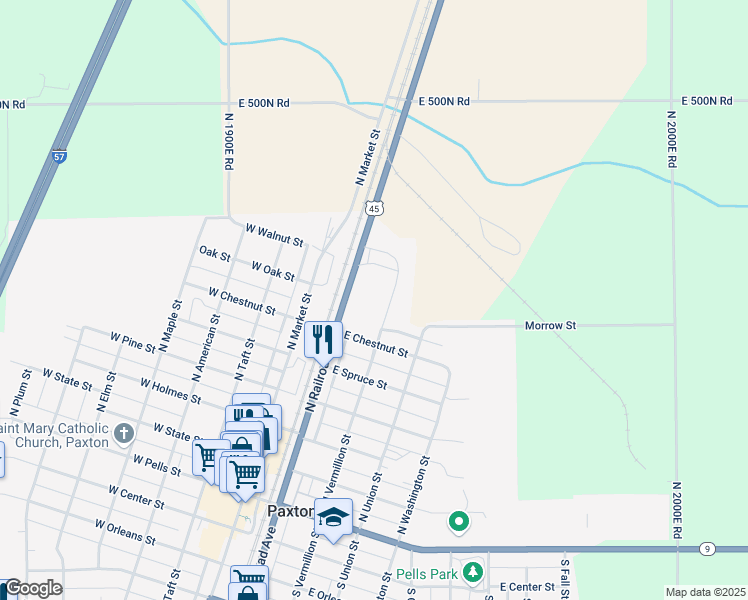 map of restaurants, bars, coffee shops, grocery stores, and more near 615 North Railroad Avenue in Paxton