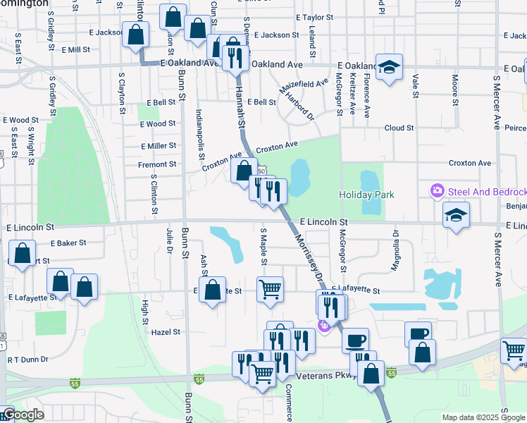 map of restaurants, bars, coffee shops, grocery stores, and more near 1006 East Lincoln Street in Bloomington