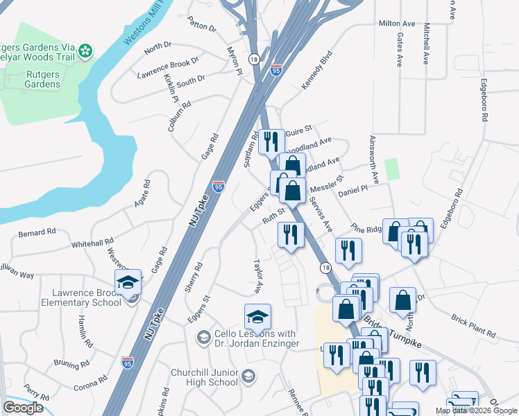 map of restaurants, bars, coffee shops, grocery stores, and more near 10 Ruth Street in East Brunswick