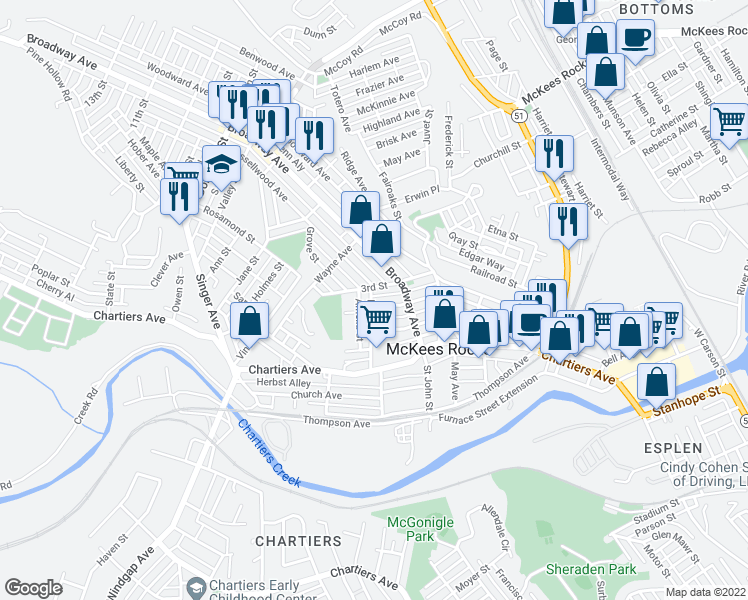 map of restaurants, bars, coffee shops, grocery stores, and more near 1025 2nd Street in McKees Rocks