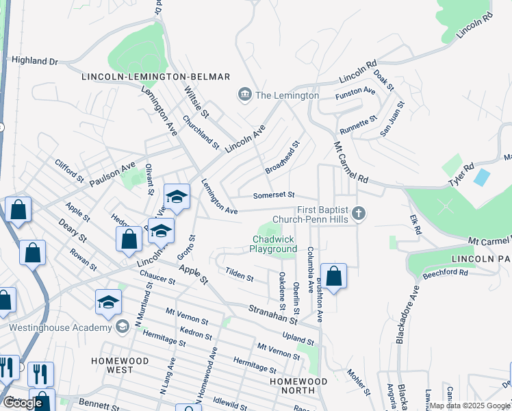 map of restaurants, bars, coffee shops, grocery stores, and more near 7219 Lemington Avenue in Pittsburgh