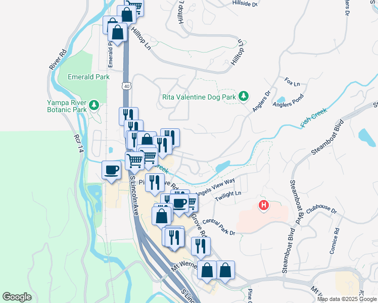 map of restaurants, bars, coffee shops, grocery stores, and more near 580 Anglers Drive in Steamboat Springs
