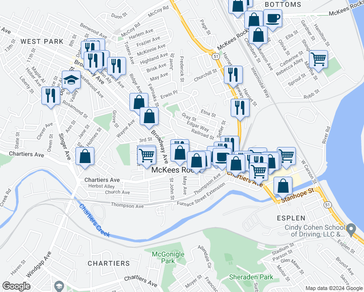 map of restaurants, bars, coffee shops, grocery stores, and more near 212 Bruce Street in McKees Rocks