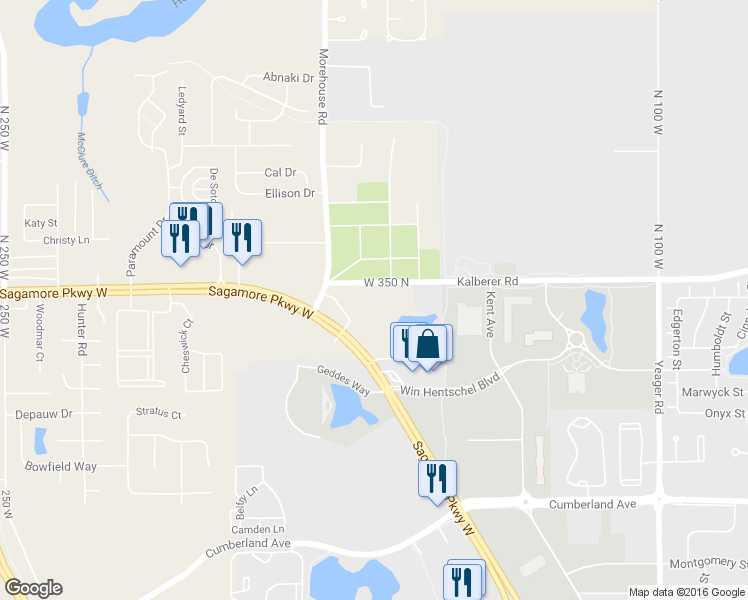 map of restaurants, bars, coffee shops, grocery stores, and more near 1655 West 350 North in West Lafayette