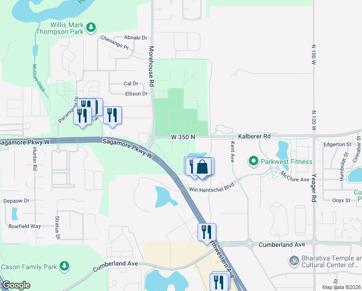 map of restaurants, bars, coffee shops, grocery stores, and more near 1655 West 350 North in West Lafayette
