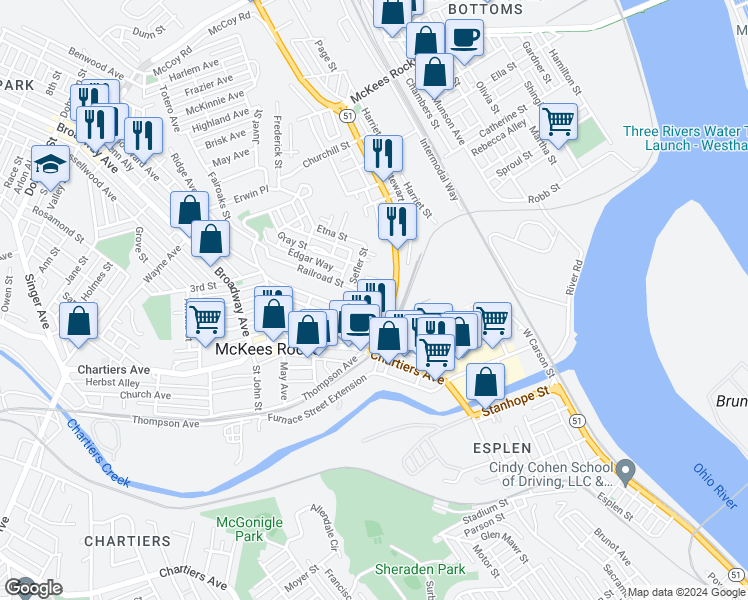 map of restaurants, bars, coffee shops, grocery stores, and more near 717 Railroad Street in McKees Rocks