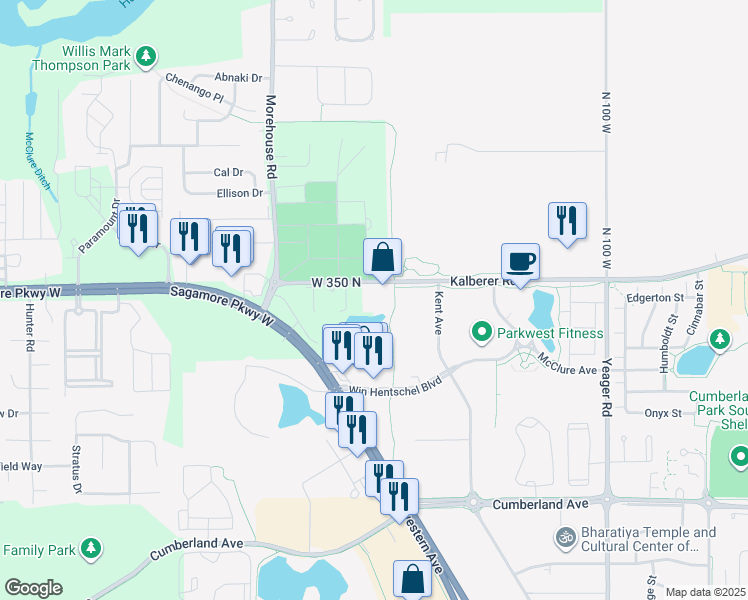 map of restaurants, bars, coffee shops, grocery stores, and more near 1533 West 350 North in West Lafayette