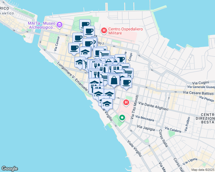 map of restaurants, bars, coffee shops, grocery stores, and more near 94 Via F.Cavallotti in Taranto