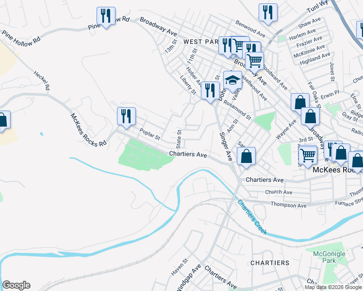 map of restaurants, bars, coffee shops, grocery stores, and more near 1442 Chartiers Avenue in McKees Rocks