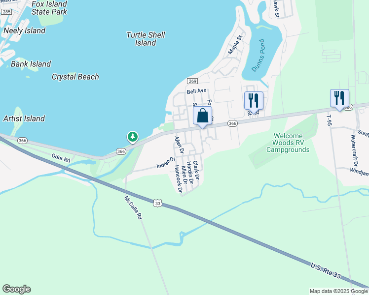 map of restaurants, bars, coffee shops, grocery stores, and more near 7212 Allen Drive in Russells Point