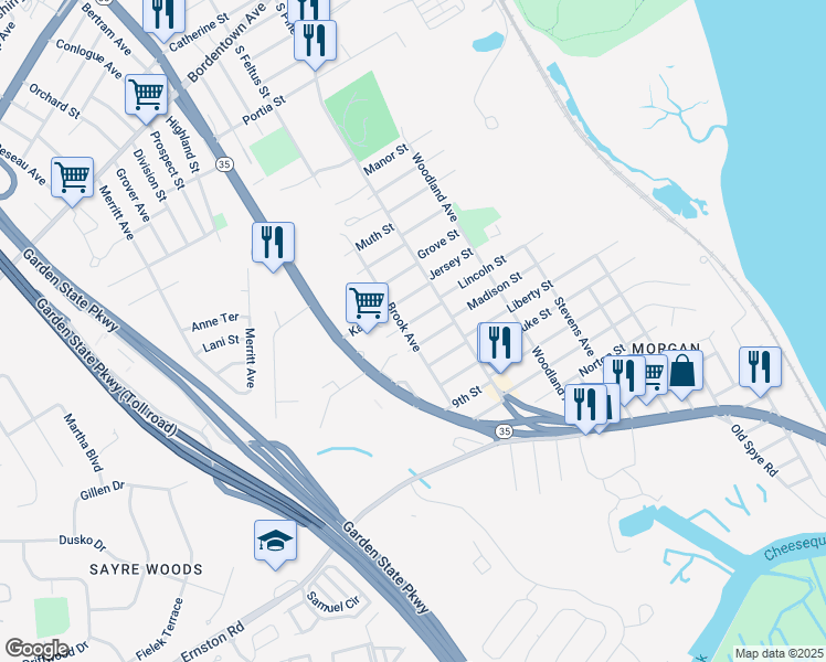map of restaurants, bars, coffee shops, grocery stores, and more near 415 Brook Avenue in South Amboy