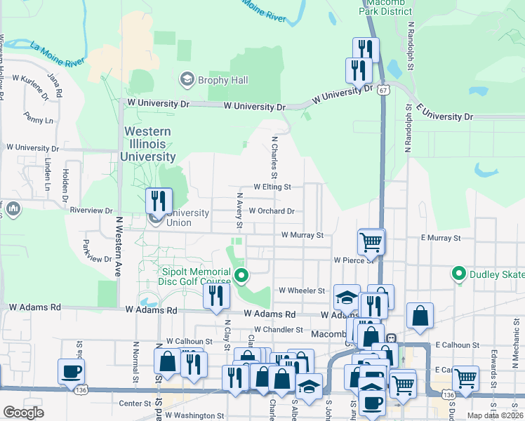 map of restaurants, bars, coffee shops, grocery stores, and more near 522 West Orchard Drive in Macomb