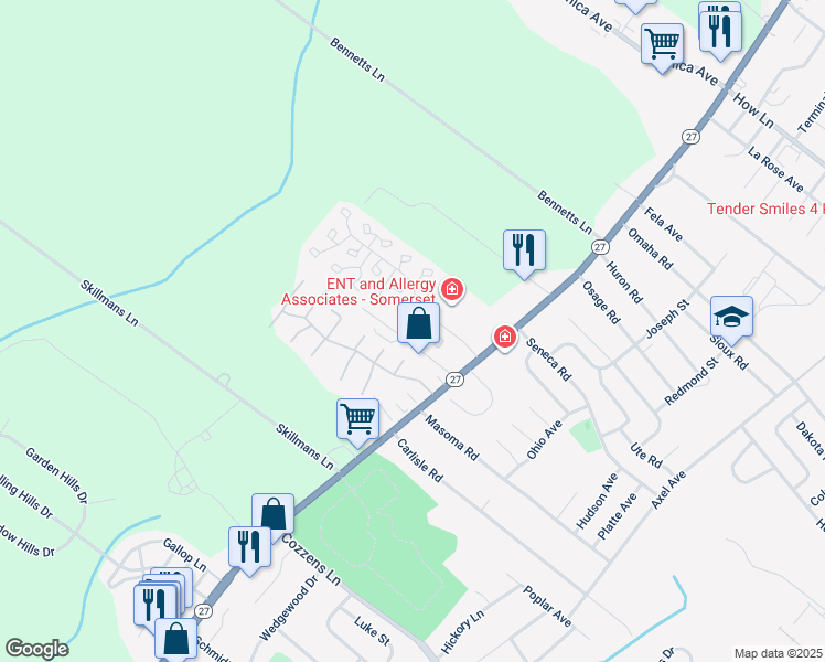 map of restaurants, bars, coffee shops, grocery stores, and more near 25 Kingsberry Drive in Franklin Township