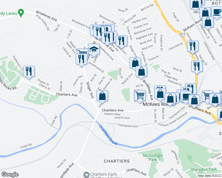 map of restaurants, bars, coffee shops, grocery stores, and more near 1224 Vine Street in McKees Rocks