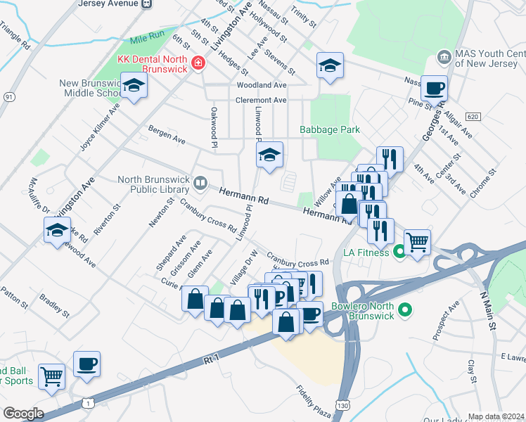 map of restaurants, bars, coffee shops, grocery stores, and more near 740 Hermann Road in North Brunswick Township