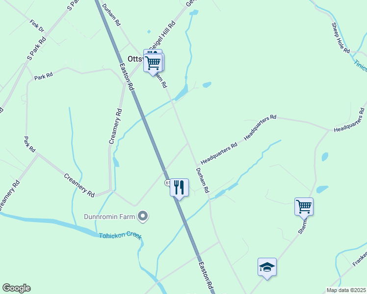 map of restaurants, bars, coffee shops, grocery stores, and more near 2 Tohickon Valley Road in Ottsville