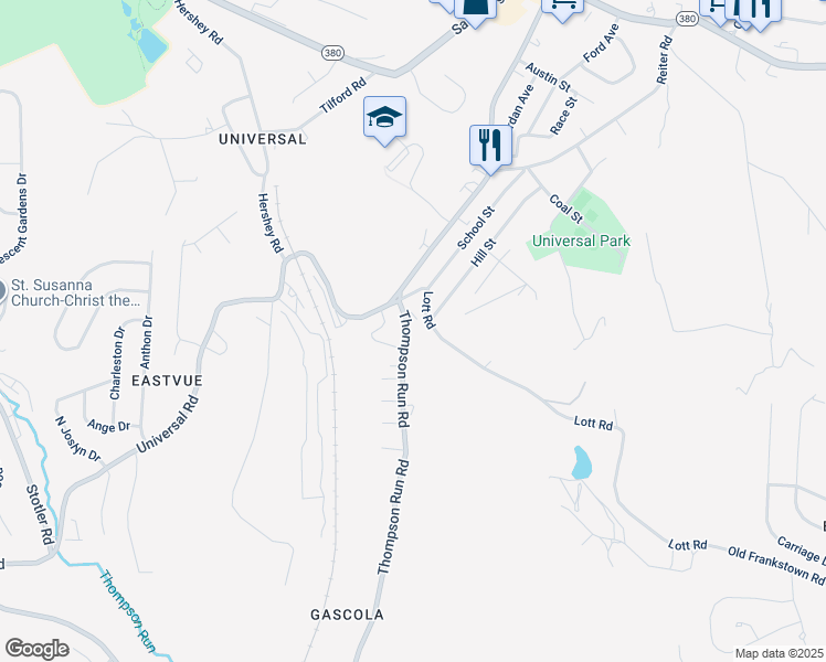 map of restaurants, bars, coffee shops, grocery stores, and more near 233 Thompson Run Road in Penn Hills