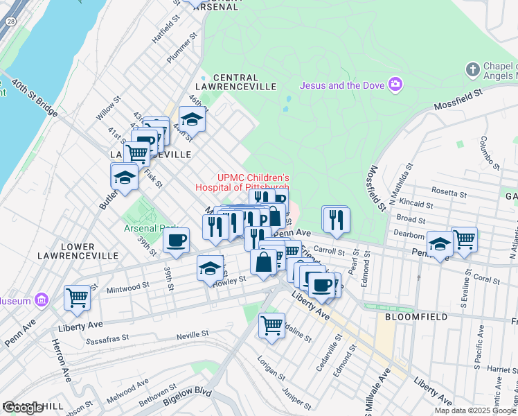 map of restaurants, bars, coffee shops, grocery stores, and more near 4227 Keller Street in Pittsburgh