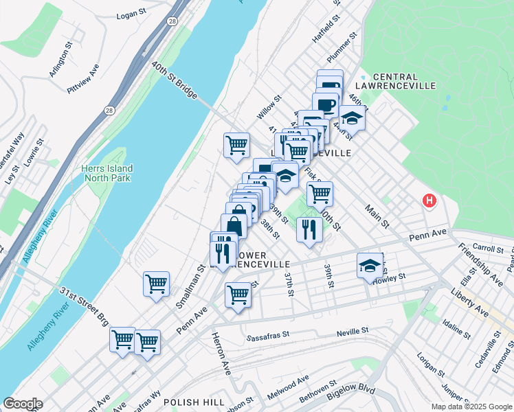 map of restaurants, bars, coffee shops, grocery stores, and more near 3728 Charlotte Street in Pittsburgh