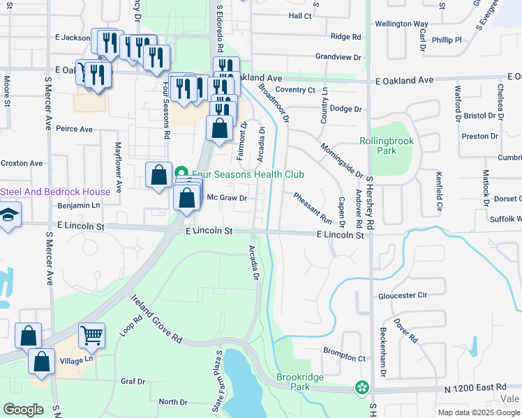 map of restaurants, bars, coffee shops, grocery stores, and more near 906 Arcadia Drive in Bloomington