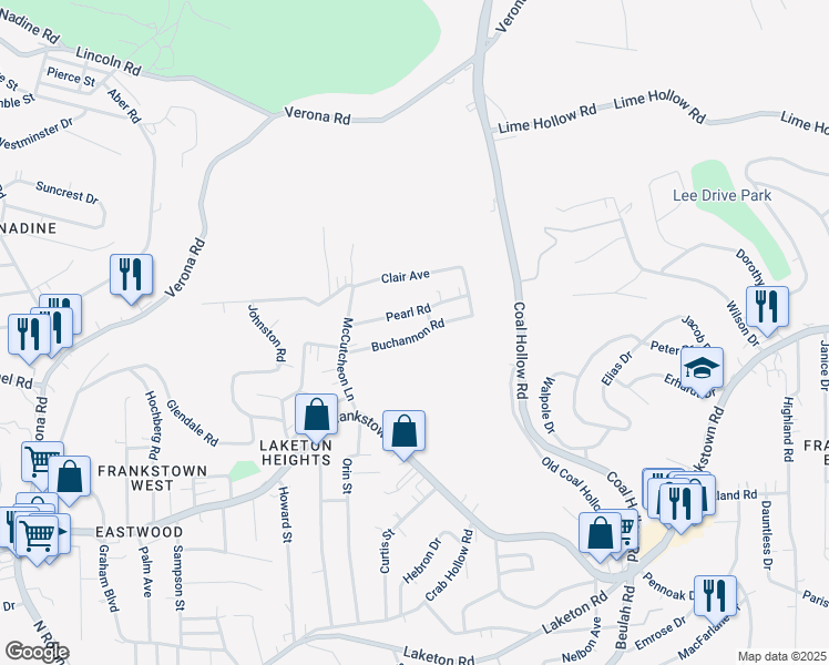 map of restaurants, bars, coffee shops, grocery stores, and more near 10165 Buchannon Road in Pittsburgh