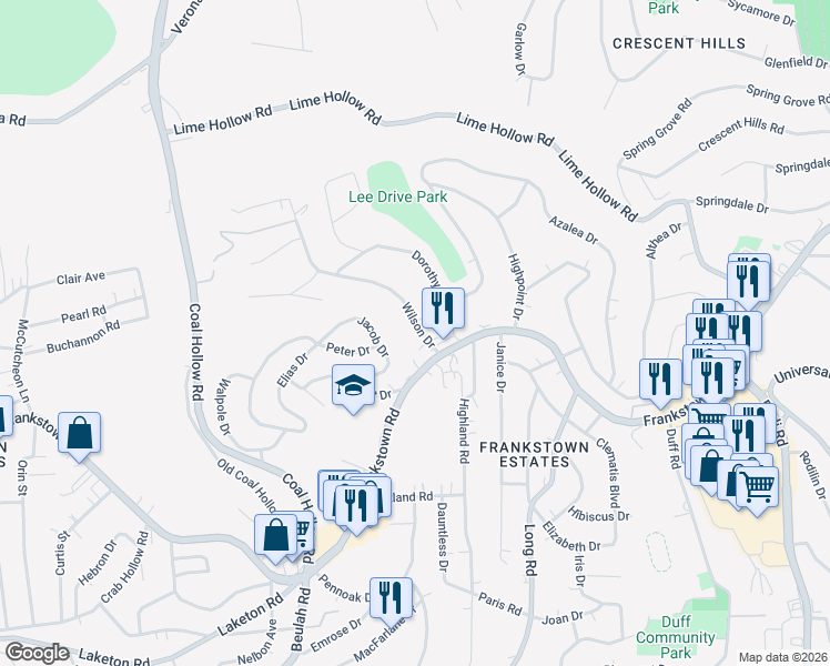 map of restaurants, bars, coffee shops, grocery stores, and more near 126 Wilson Drive in Pittsburgh