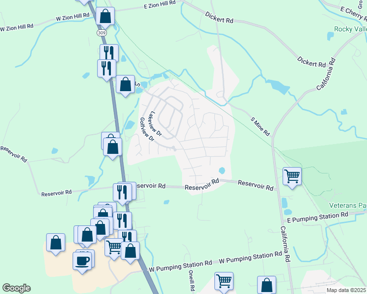 map of restaurants, bars, coffee shops, grocery stores, and more near 6 Skyview Drive in Quakertown