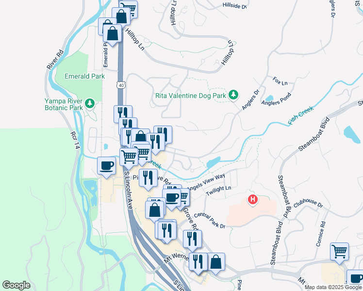 map of restaurants, bars, coffee shops, grocery stores, and more near 580 Anglers Drive in Steamboat Springs