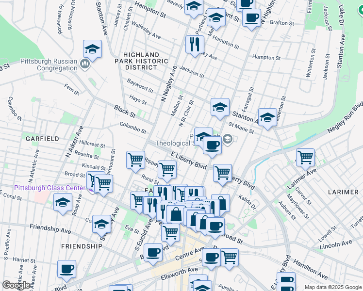 map of restaurants, bars, coffee shops, grocery stores, and more near 512 Borland Street in Pittsburgh