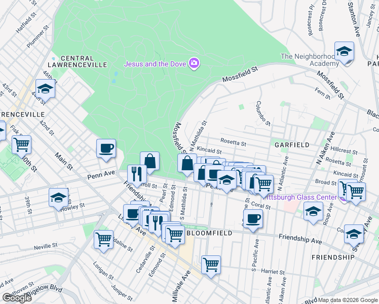 map of restaurants, bars, coffee shops, grocery stores, and more near 4815 Broad Street in Pittsburgh