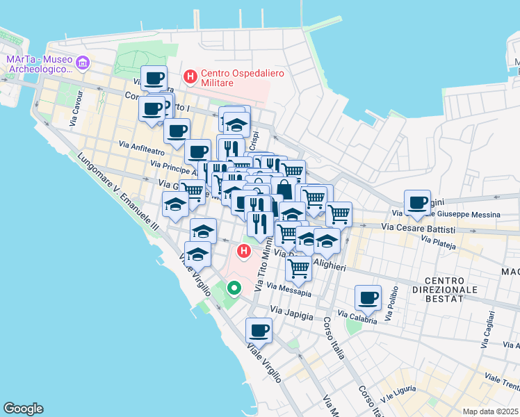 map of restaurants, bars, coffee shops, grocery stores, and more near 33 Via Monfalcone in Taranto
