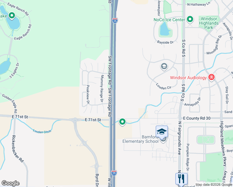 map of restaurants, bars, coffee shops, grocery stores, and more near 8420 Southeast Frontage Road in Windsor