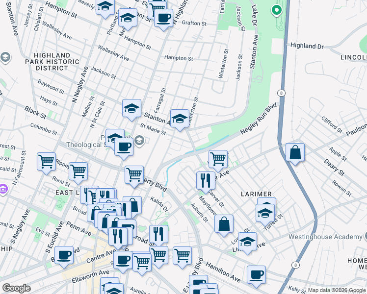 map of restaurants, bars, coffee shops, grocery stores, and more near 712 Moga Street in Pittsburgh