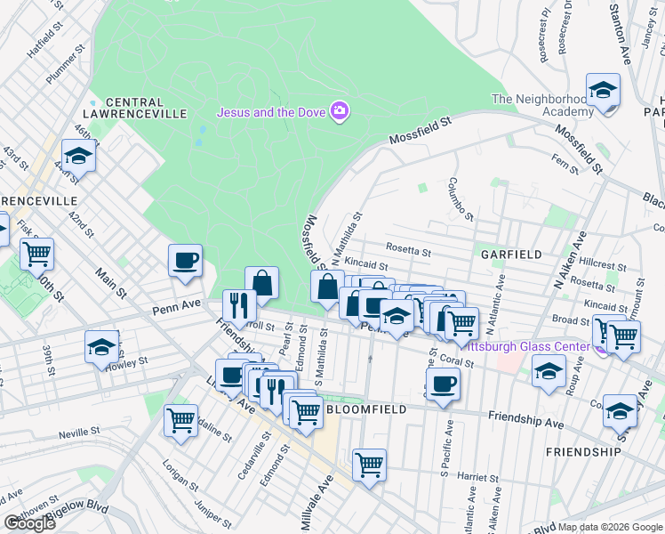 map of restaurants, bars, coffee shops, grocery stores, and more near 4815 Broad Street in Pittsburgh