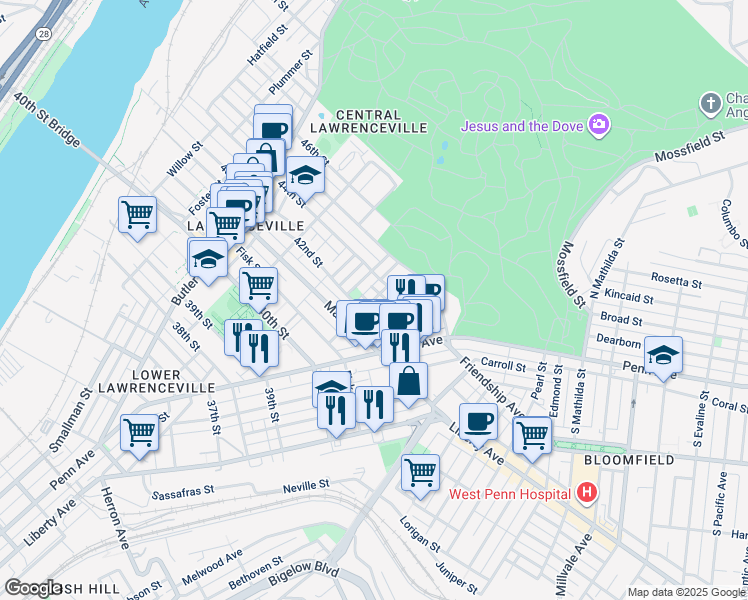 map of restaurants, bars, coffee shops, grocery stores, and more near 426 42nd Street in Pittsburgh
