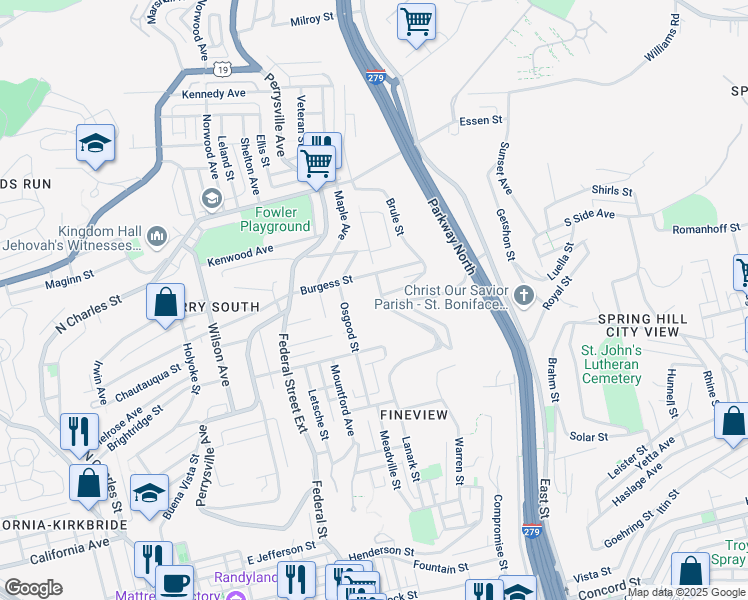 map of restaurants, bars, coffee shops, grocery stores, and more near 2314 Osgood Street in Pittsburgh