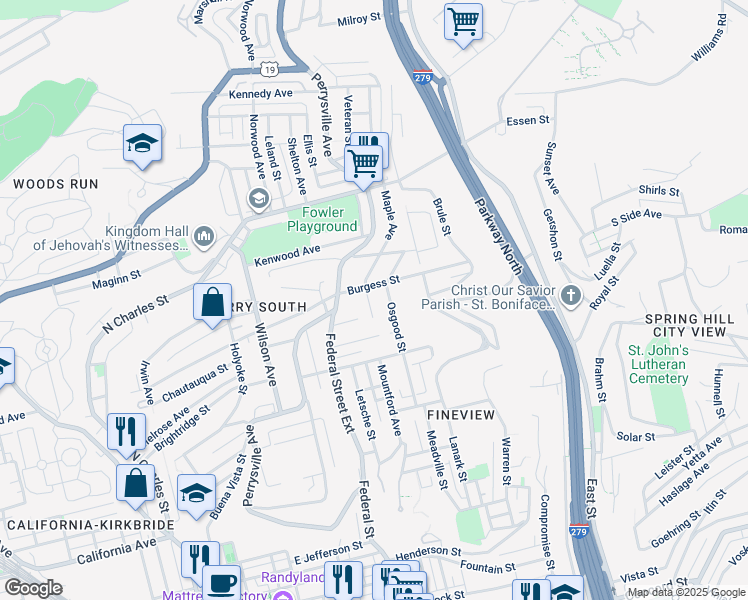 map of restaurants, bars, coffee shops, grocery stores, and more near 2325 Maple Avenue in Pittsburgh