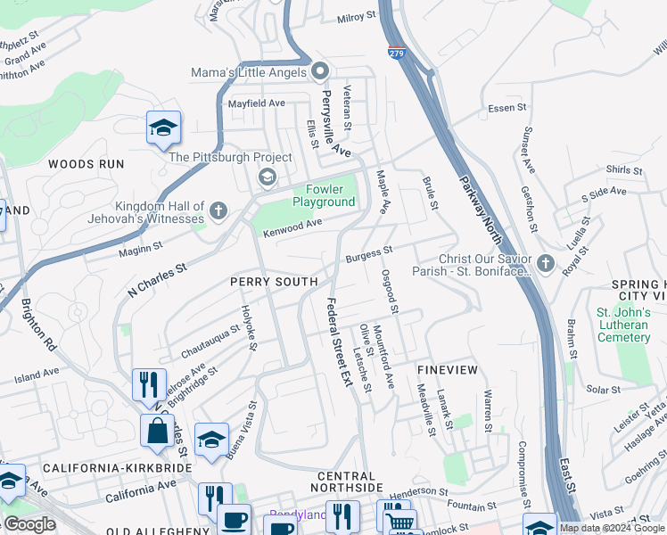 map of restaurants, bars, coffee shops, grocery stores, and more near 2341 Perrysville Avenue in Pittsburgh
