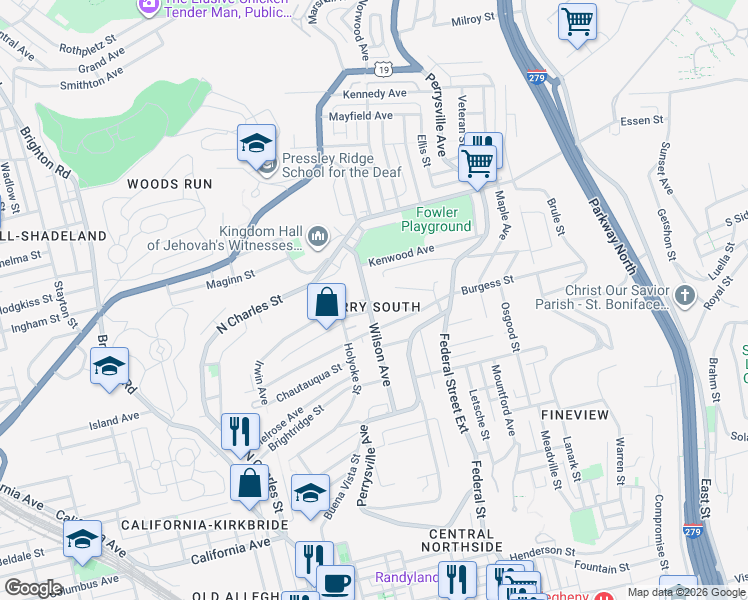 map of restaurants, bars, coffee shops, grocery stores, and more near in Pittsburgh