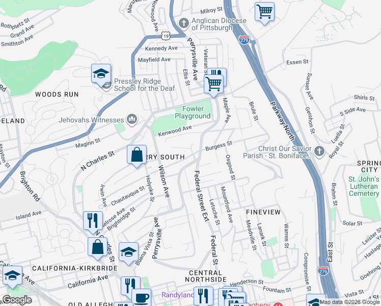 map of restaurants, bars, coffee shops, grocery stores, and more near 2341 Perrysville Avenue in Pittsburgh